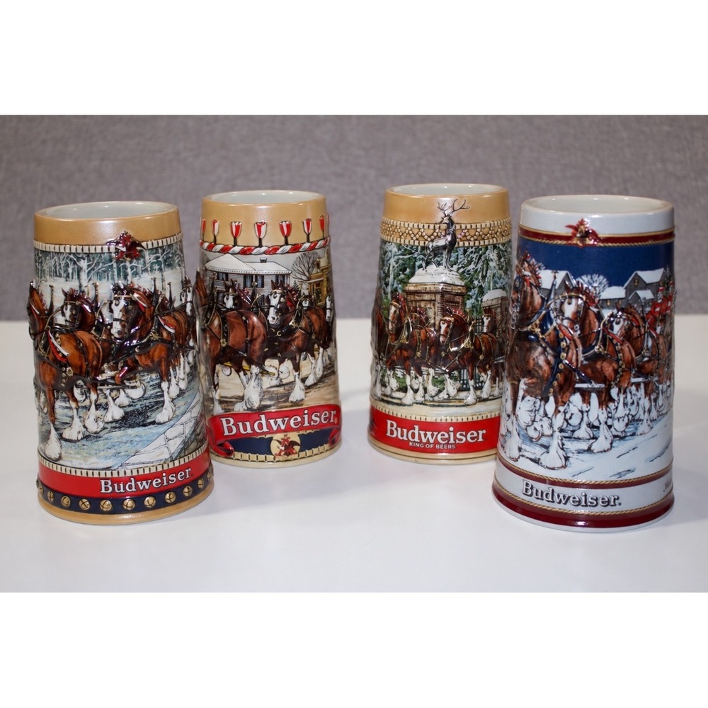 Budweiser Holiday Stein Set 1985 1986 1987 1988 Clydesdale Collector Series 4pc